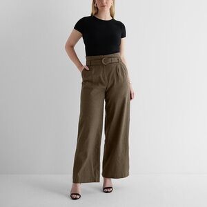 Express Olive Green High-Waisted Paperbag Wide Leg Linen Pants With Belt 10R